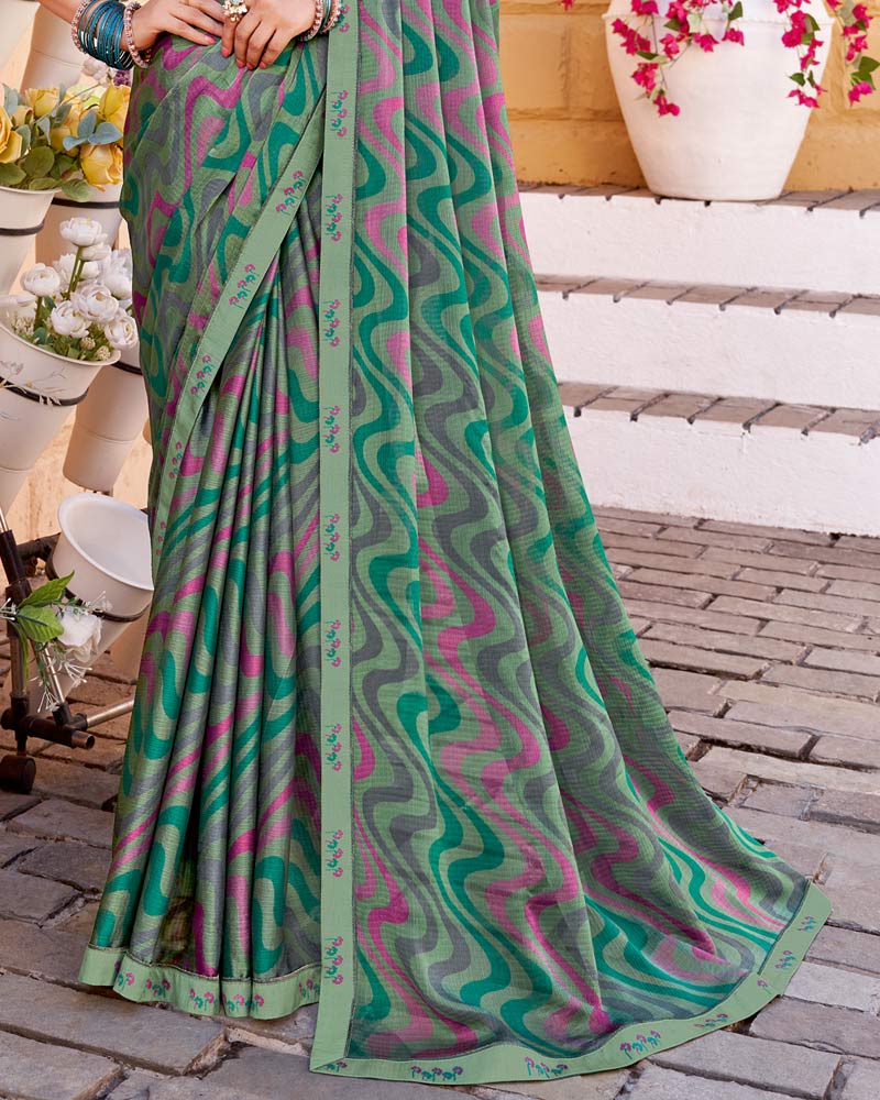 Vishal Prints Spanish Green Printed Chiffon Saree With Fancy Border