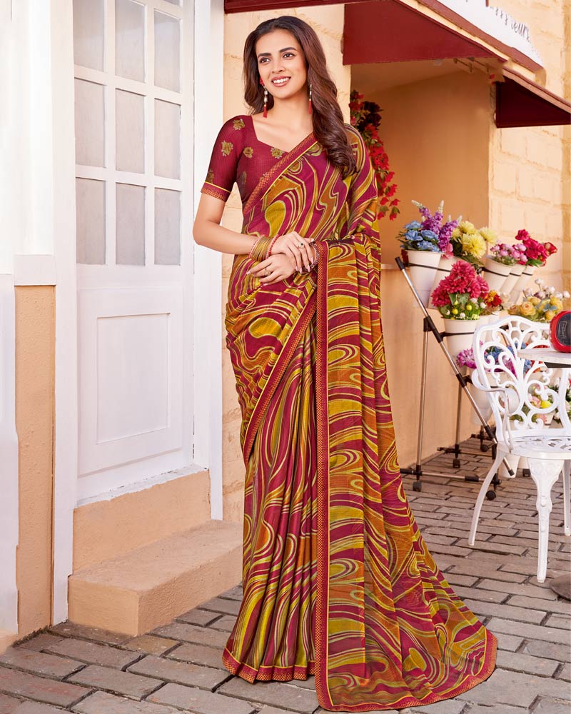 Vishal Prints Vivid Burgundy Printed Chiffon Saree With Fancy Border