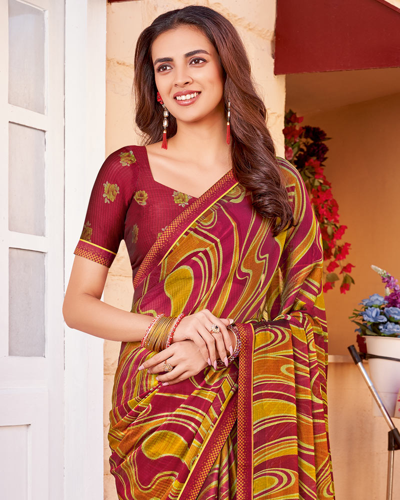 Vishal Prints Vivid Burgundy Printed Chiffon Saree With Fancy Border