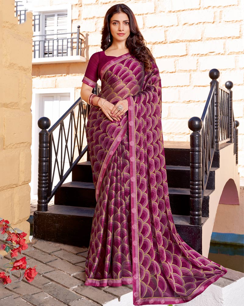 Vishal Prints Dusty Magenta Printed Chiffon Saree With Fancy Border
