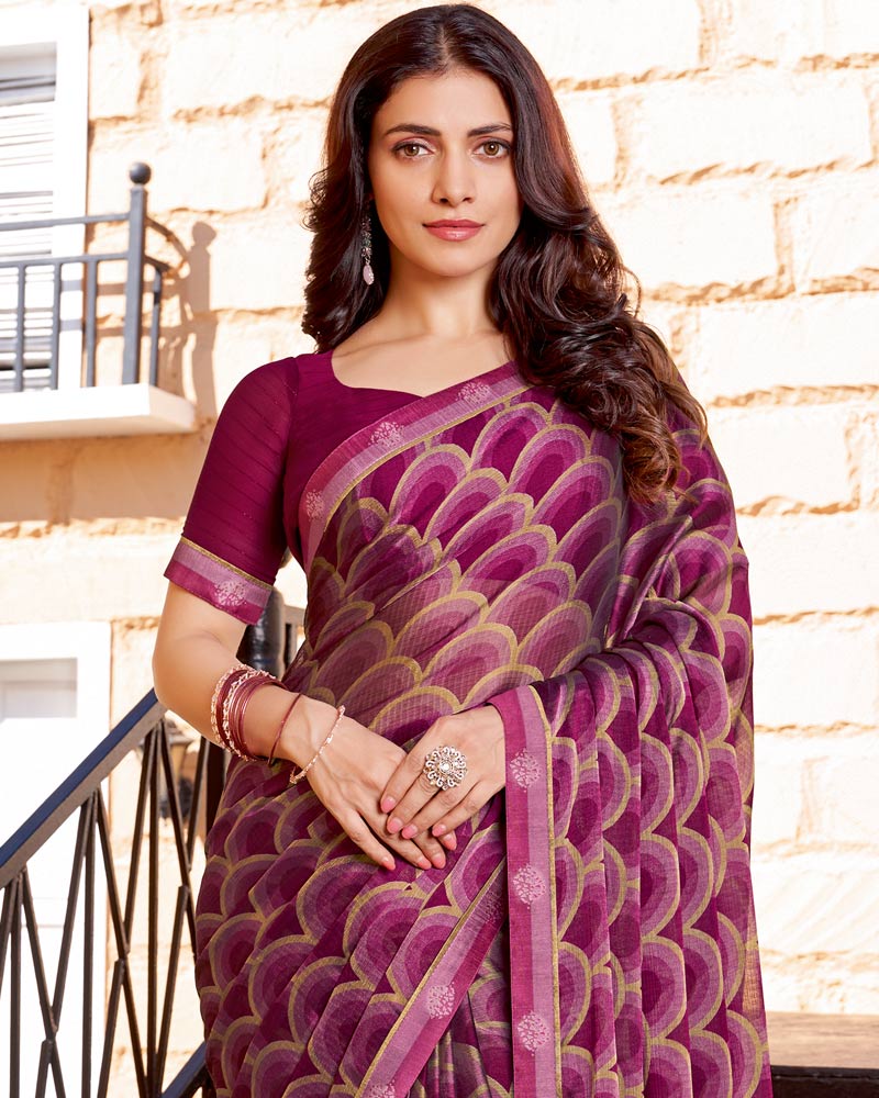 Vishal Prints Dusty Magenta Printed Chiffon Saree With Fancy Border