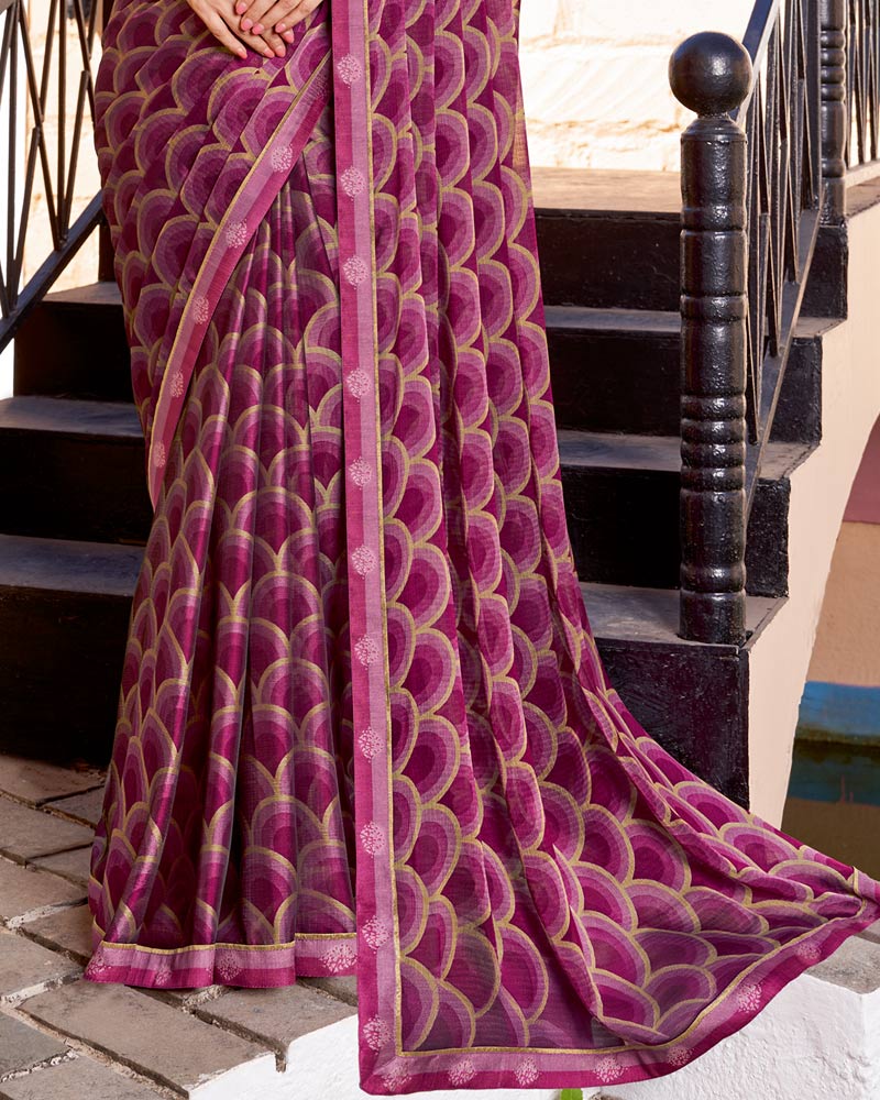 Vishal Prints Dusty Magenta Printed Chiffon Saree With Fancy Border