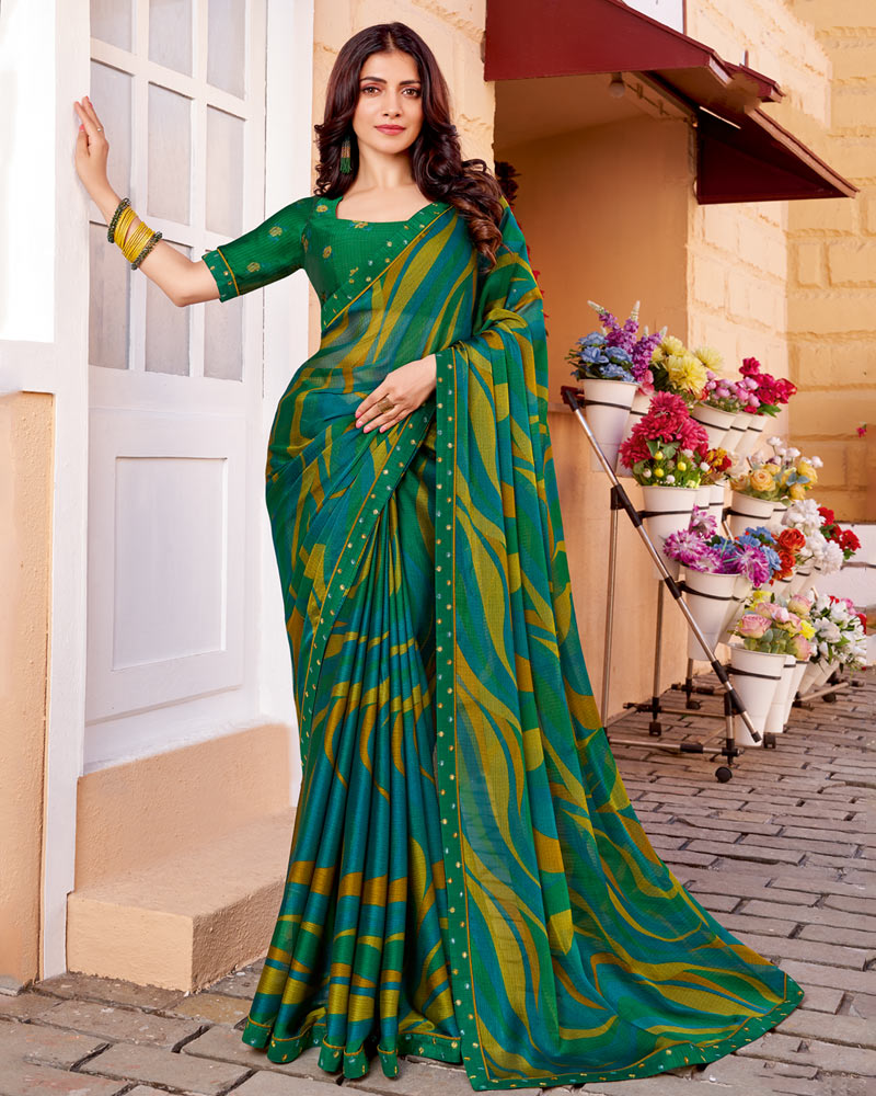 Vishal Prints Multi Green Printed Chiffon Saree With Fancy Border