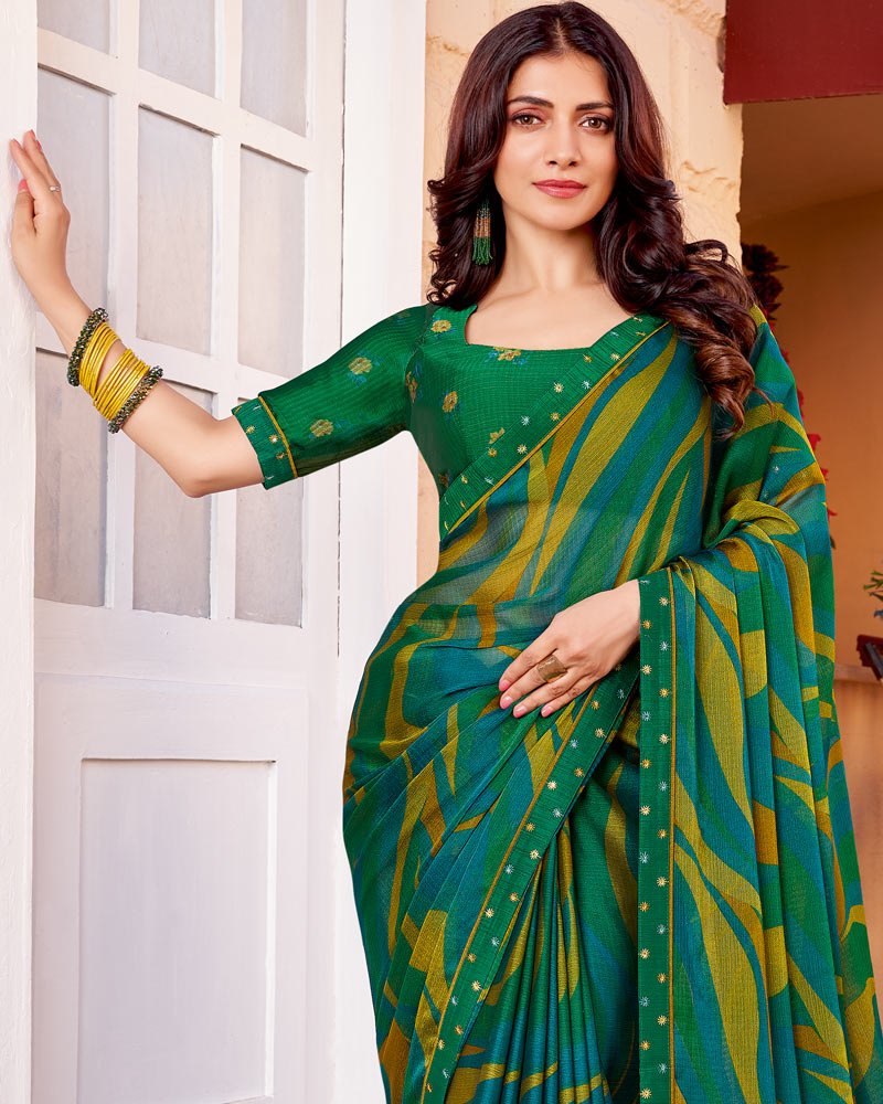 Vishal Prints Multi Green Printed Chiffon Saree With Fancy Border