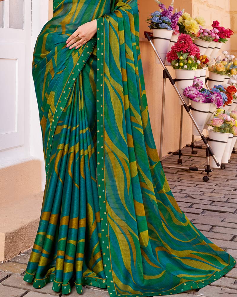 Vishal Prints Multi Green Printed Chiffon Saree With Fancy Border