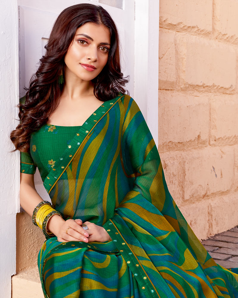 Vishal Prints Multi Green Printed Chiffon Saree With Fancy Border