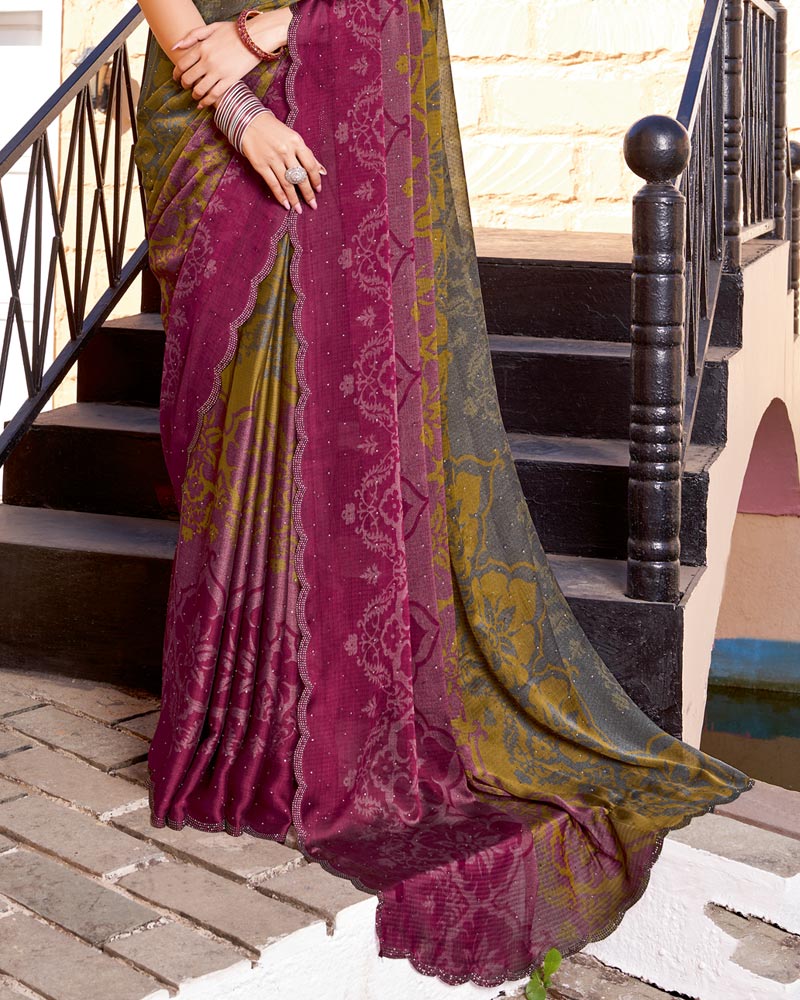 Vishal Prints Brownish Grey Printed Chiffon Saree With Fancy Border