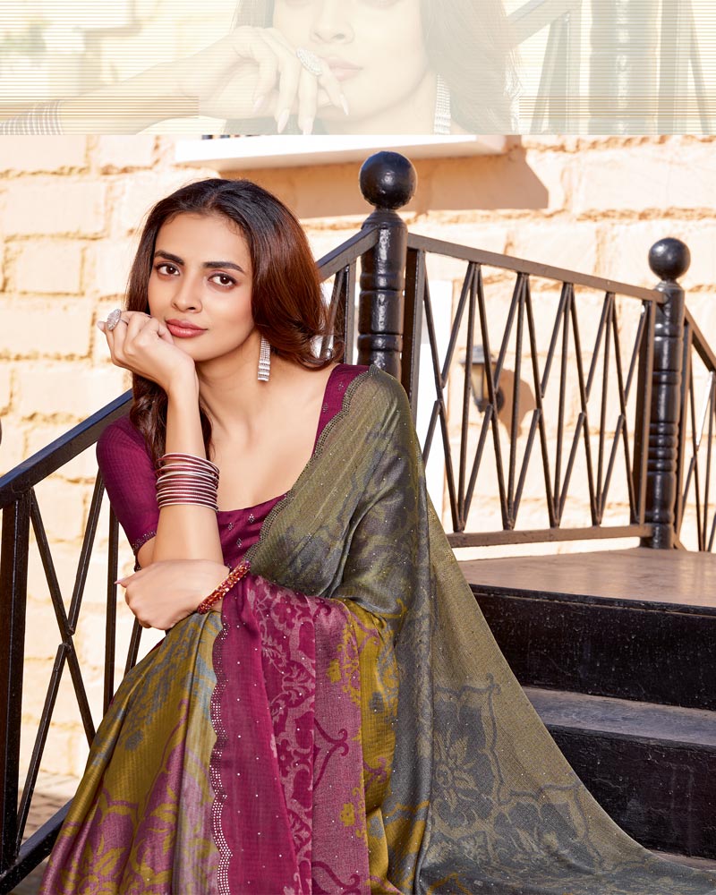 Vishal Prints Brownish Grey Printed Chiffon Saree With Fancy Border