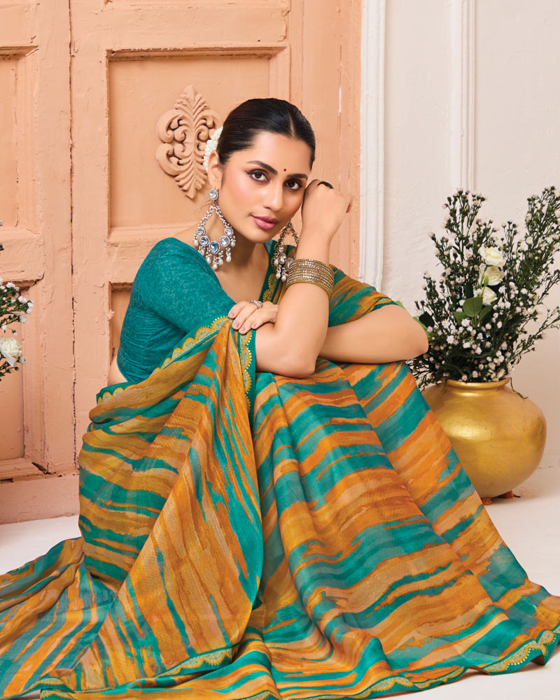 Vishal Prints Dusty Orange Printed Fancy Chiffon Saree With Fancy Border