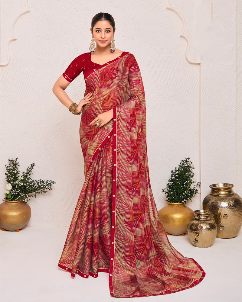 Vishal Prints Milano Red Printed Fancy Chiffon Saree With Fancy Border