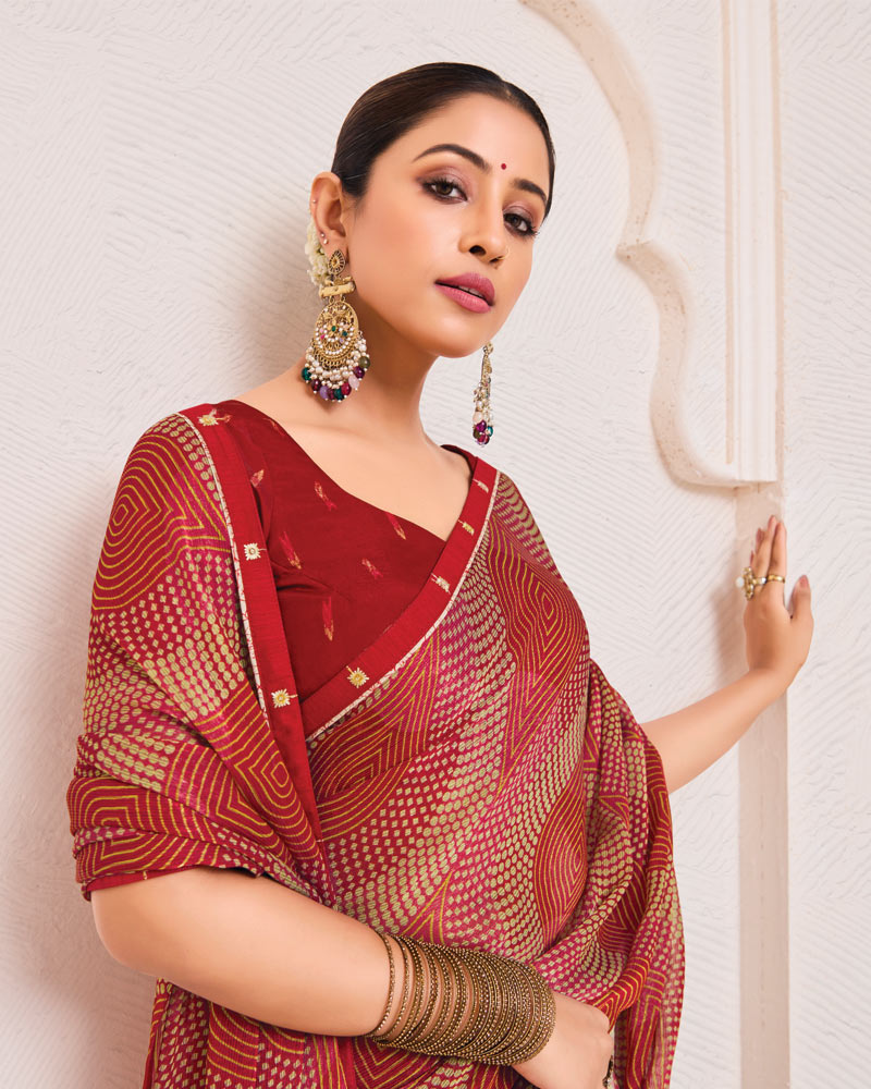 Vishal Prints Milano Red Printed Fancy Chiffon Saree With Fancy Border