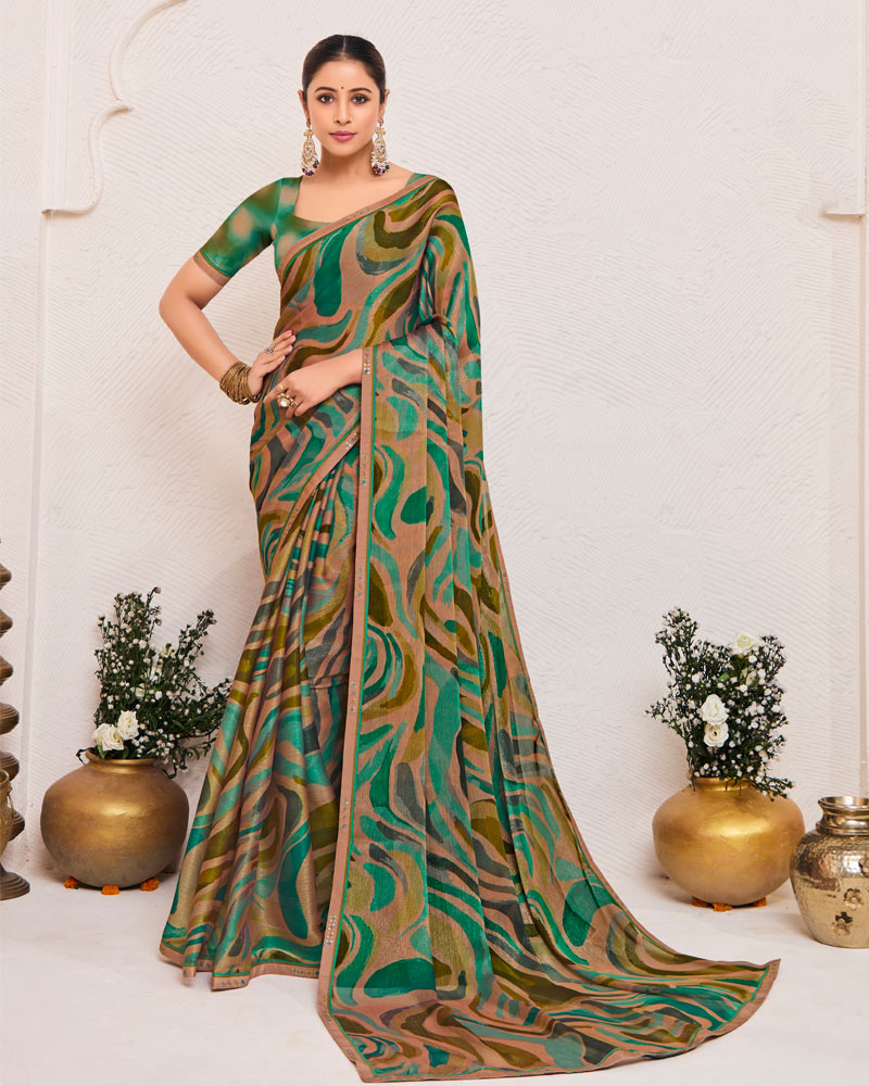 Vishal Prints Pinkish Brown And Dark Green Printed Fancy Chiffon Saree With Fancy Border