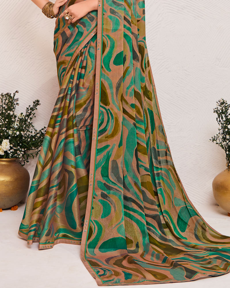 Vishal Prints Pinkish Brown And Dark Green Printed Fancy Chiffon Saree With Fancy Border