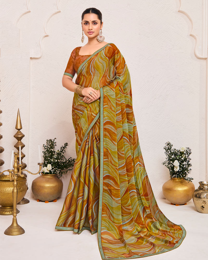 Vishal Prints Fiery Orange Printed Fancy Chiffon Saree With Fancy Border