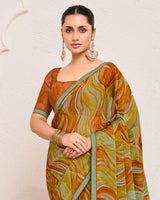 Vishal Prints Fiery Orange Printed Fancy Chiffon Saree With Fancy Border