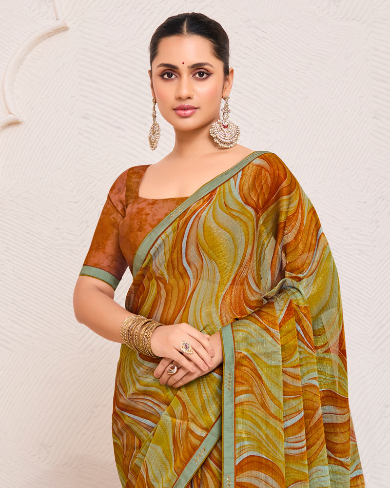 Vishal Prints Fiery Orange Printed Fancy Chiffon Saree With Fancy Border