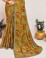 Vishal Prints Fiery Orange Printed Fancy Chiffon Saree With Fancy Border