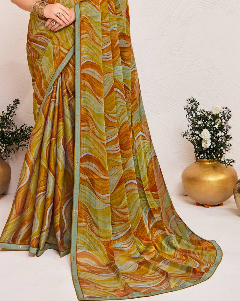 Vishal Prints Fiery Orange Printed Fancy Chiffon Saree With Fancy Border