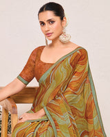 Vishal Prints Fiery Orange Printed Fancy Chiffon Saree With Fancy Border