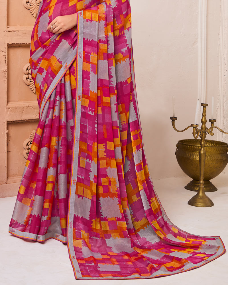 Vishal Prints Violet Red Printed Fancy Chiffon Saree With Fancy Border