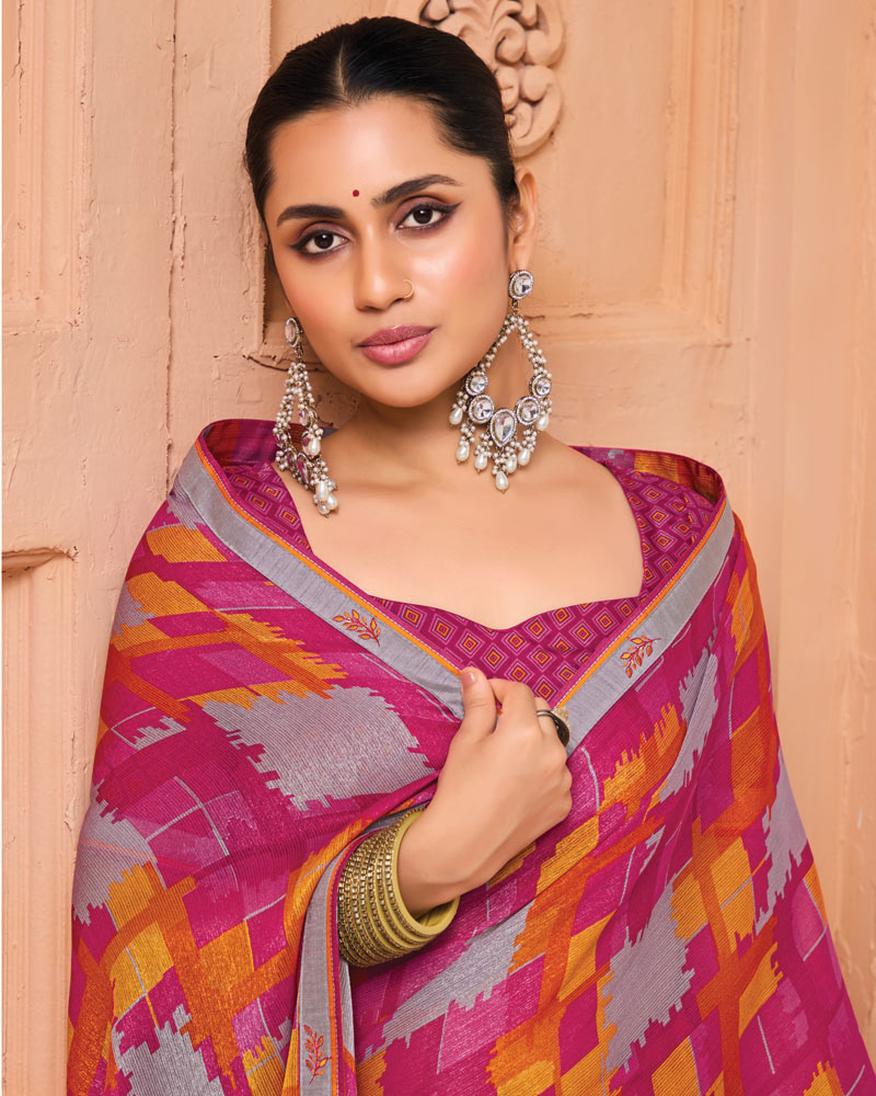 Vishal Prints Violet Red Printed Fancy Chiffon Saree With Fancy Border