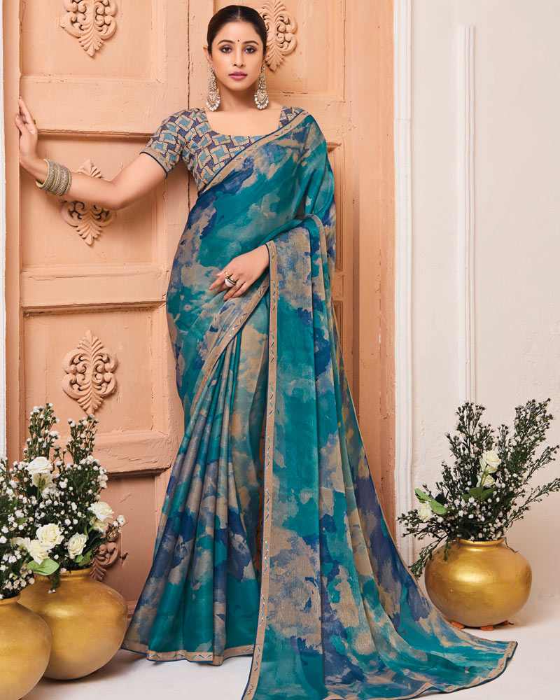 Vishal Prints Deep Sea Blue Printed Fancy Chiffon Saree With Fancy Border