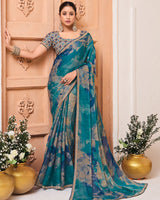 Vishal Prints Deep Sea Blue Printed Fancy Chiffon Saree With Fancy Border