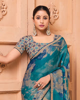 Vishal Prints Deep Sea Blue Printed Fancy Chiffon Saree With Fancy Border