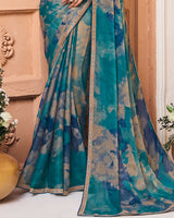 Vishal Prints Deep Sea Blue Printed Fancy Chiffon Saree With Fancy Border