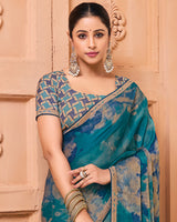Vishal Prints Deep Sea Blue Printed Fancy Chiffon Saree With Fancy Border