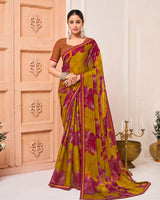 Vishal Prints Ochre Printed Fancy Chiffon Saree With Fancy Border