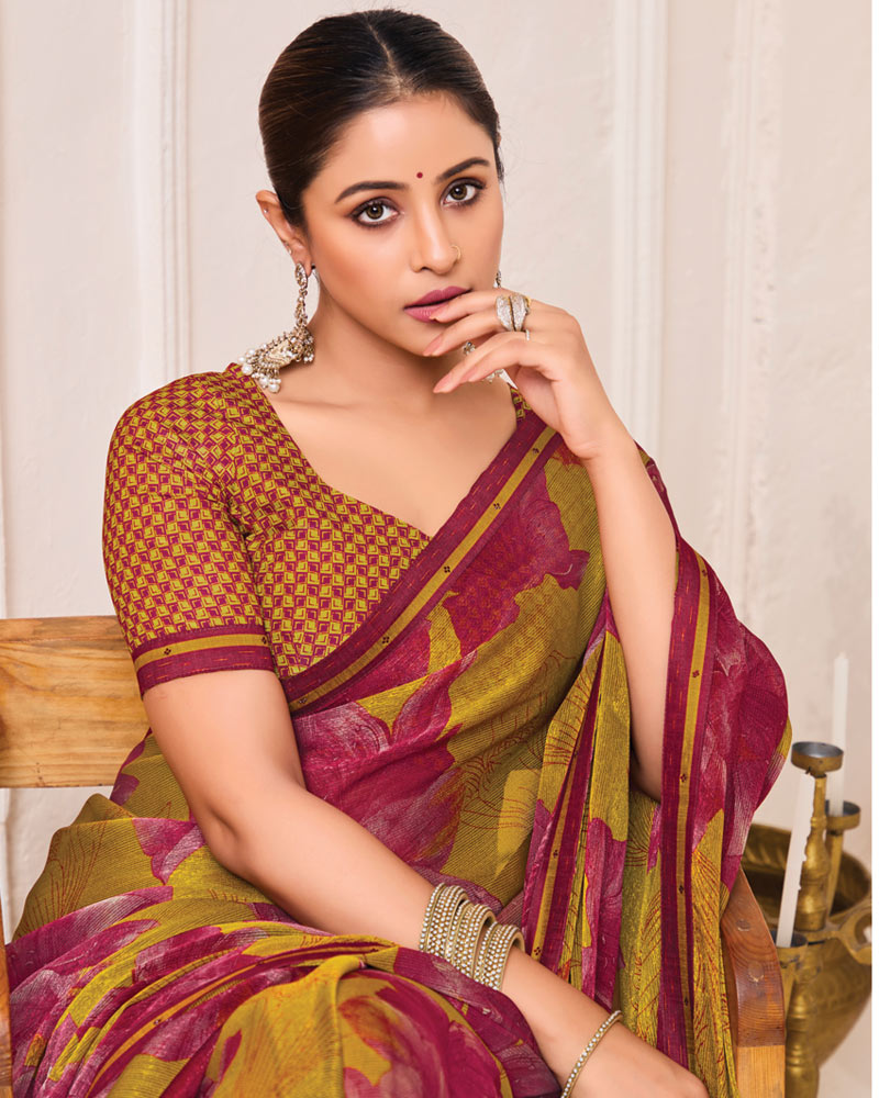 Vishal Prints Ochre Printed Fancy Chiffon Saree With Fancy Border