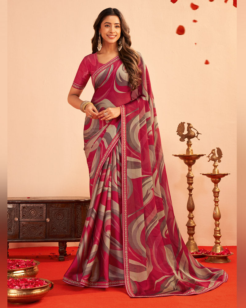 Vishal Prints Bright Maroon Printed Chiffon Saree With Fancy Embroidery Border