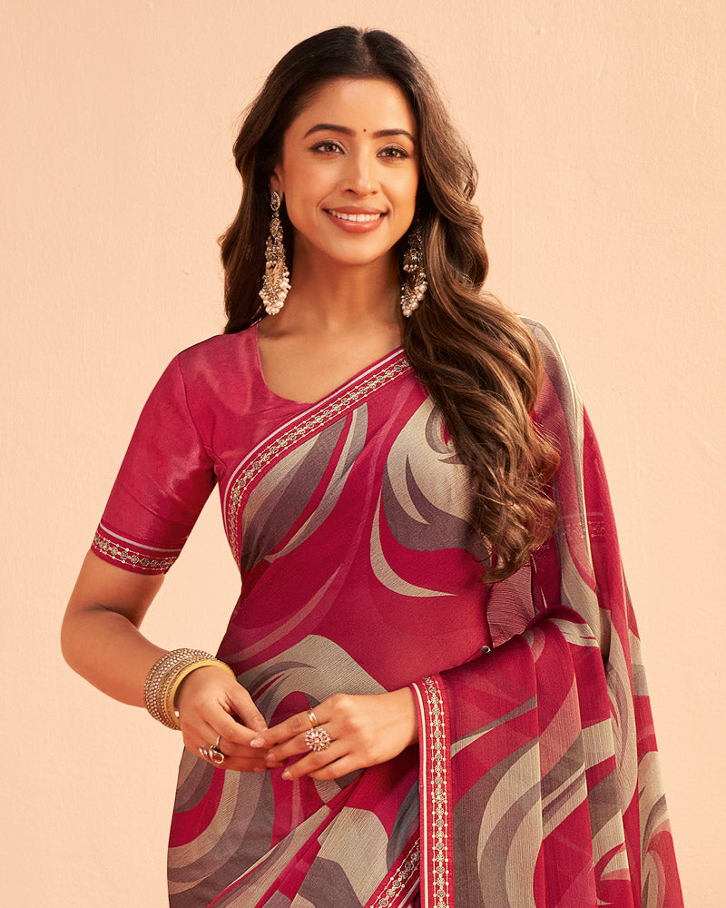 Vishal Prints Bright Maroon Printed Chiffon Saree With Fancy Embroidery Border
