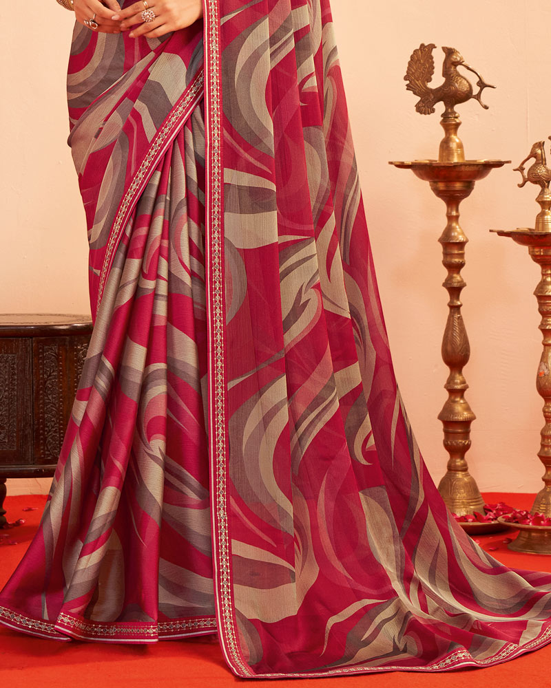 Vishal Prints Bright Maroon Printed Chiffon Saree With Fancy Embroidery Border