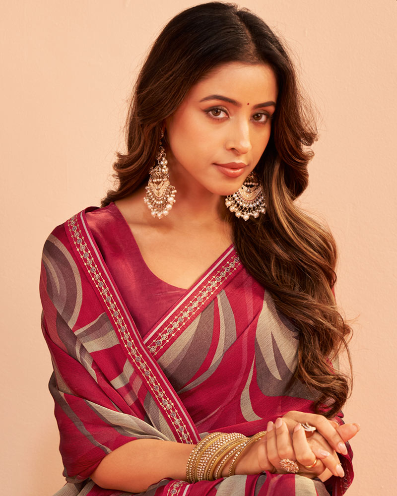 Vishal Prints Bright Maroon Printed Chiffon Saree With Fancy Embroidery Border