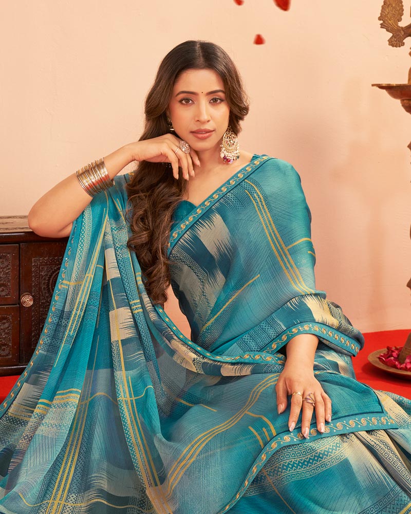 Vishal Prints Dusty Teal Blue Printed Chiffon Saree With Fancy Embroidery Border