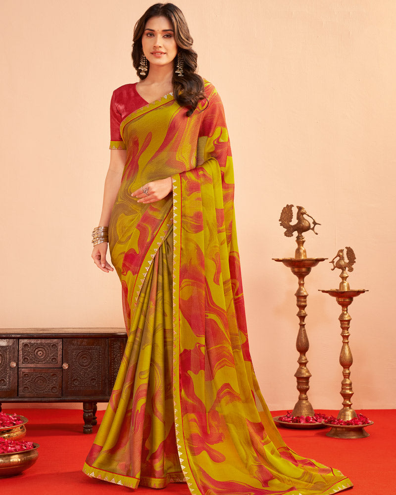 Vishal Prints Mustard Brown Printed Chiffon Saree With Fancy Embroidery Border