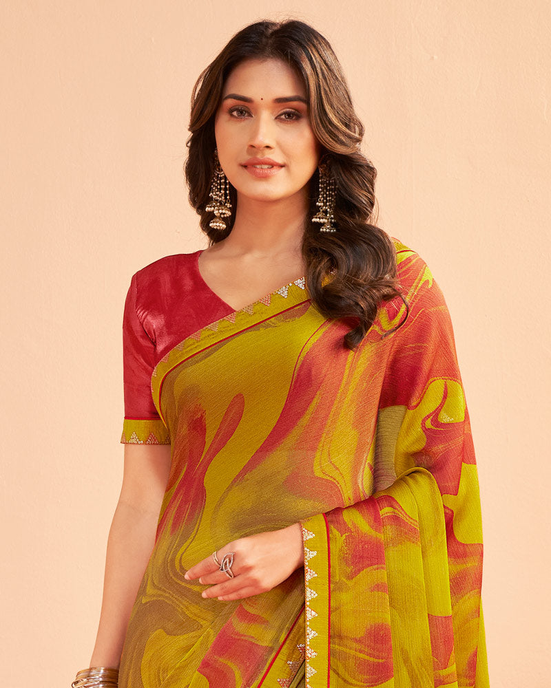 Vishal Prints Mustard Brown Printed Chiffon Saree With Fancy Embroidery Border