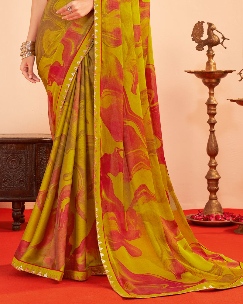 Vishal Prints Mustard Brown Printed Chiffon Saree With Fancy Embroidery Border
