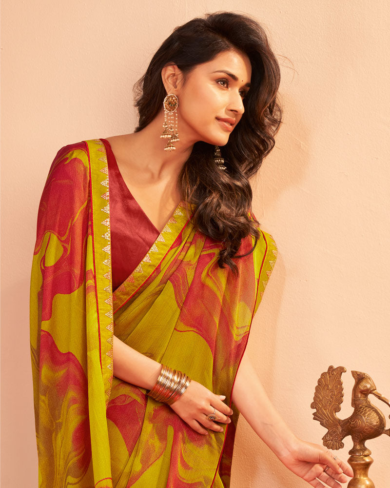 Vishal Prints Mustard Brown Printed Chiffon Saree With Fancy Embroidery Border