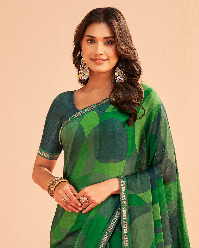 Vishal Prints Fern Green Printed Chiffon Saree With Fancy Embroidery Border