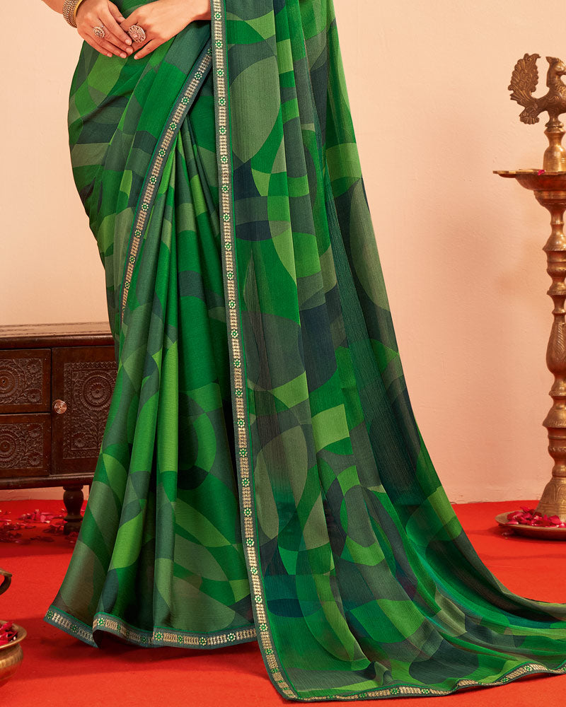 Vishal Prints Fern Green Printed Chiffon Saree With Fancy Embroidery Border