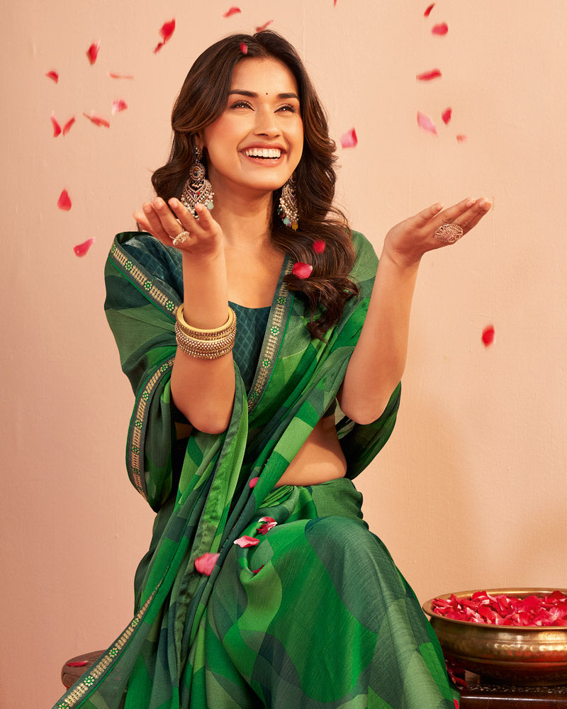Vishal Prints Fern Green Printed Chiffon Saree With Fancy Embroidery Border