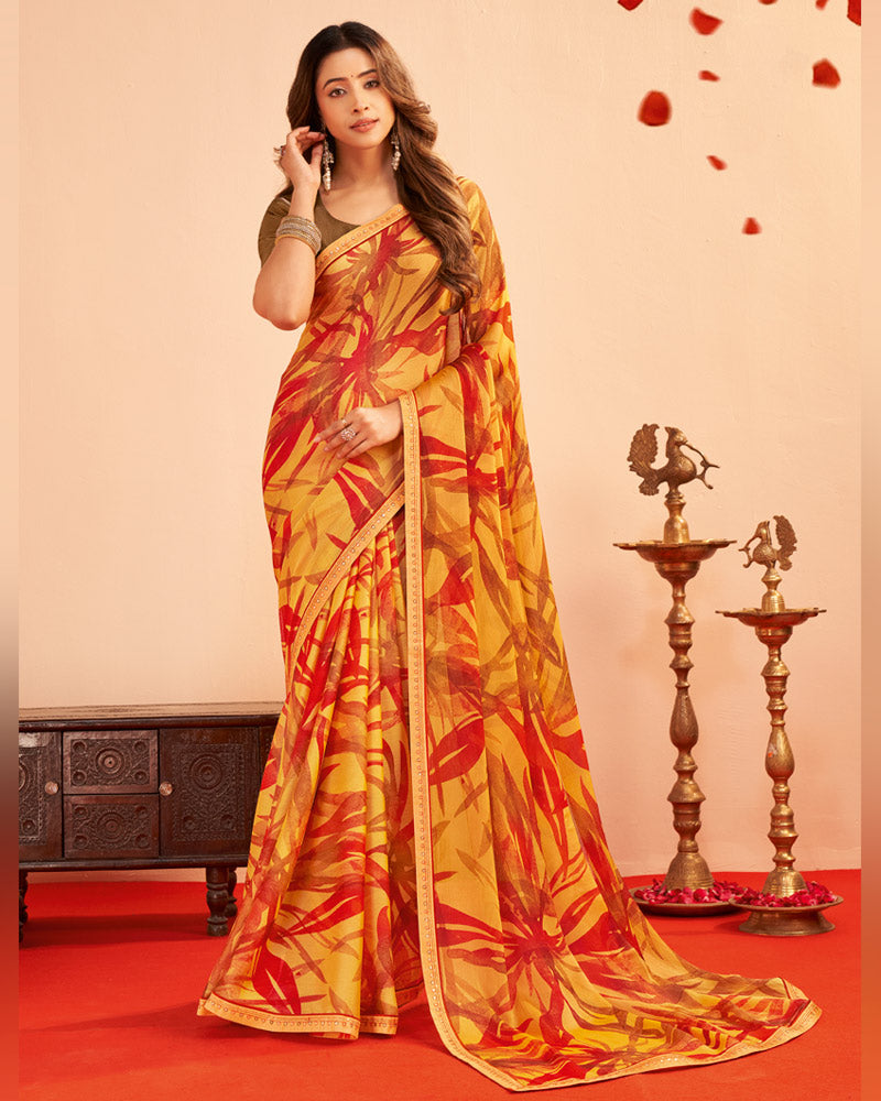 Vishal Prints Dark Pastel Orange Printed Chiffon Saree With Fancy Embroidery Border