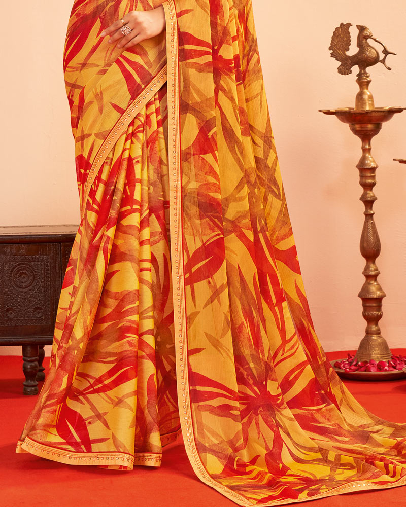 Vishal Prints Dark Pastel Orange Printed Chiffon Saree With Fancy Embroidery Border