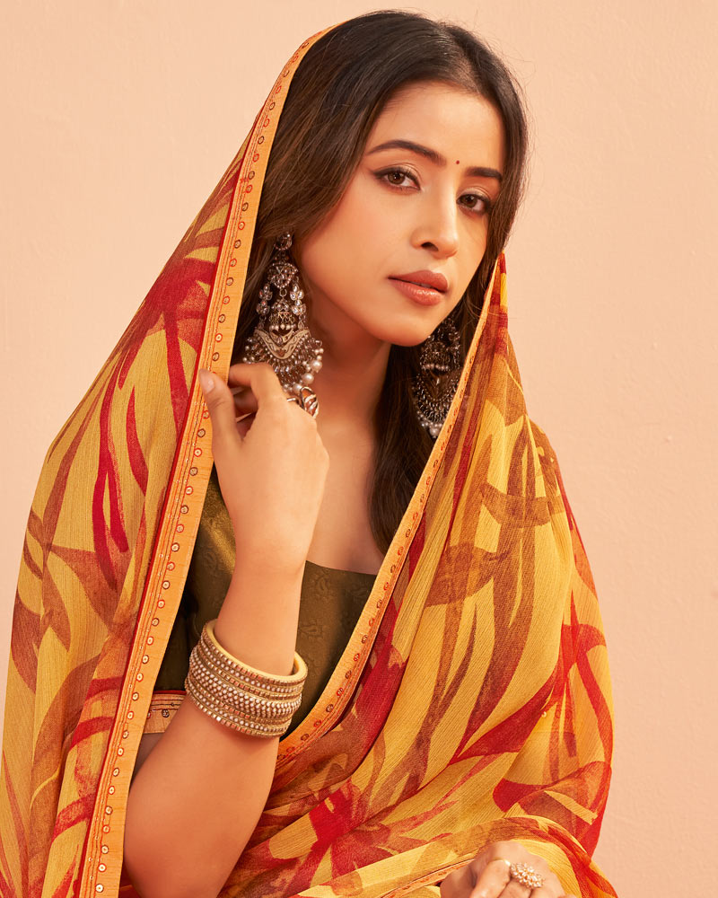 Vishal Prints Dark Pastel Orange Printed Chiffon Saree With Fancy Embroidery Border