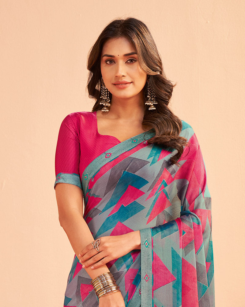 Vishal Prints Dusty Grey Printed Chiffon Saree With Fancy Embroidery Border