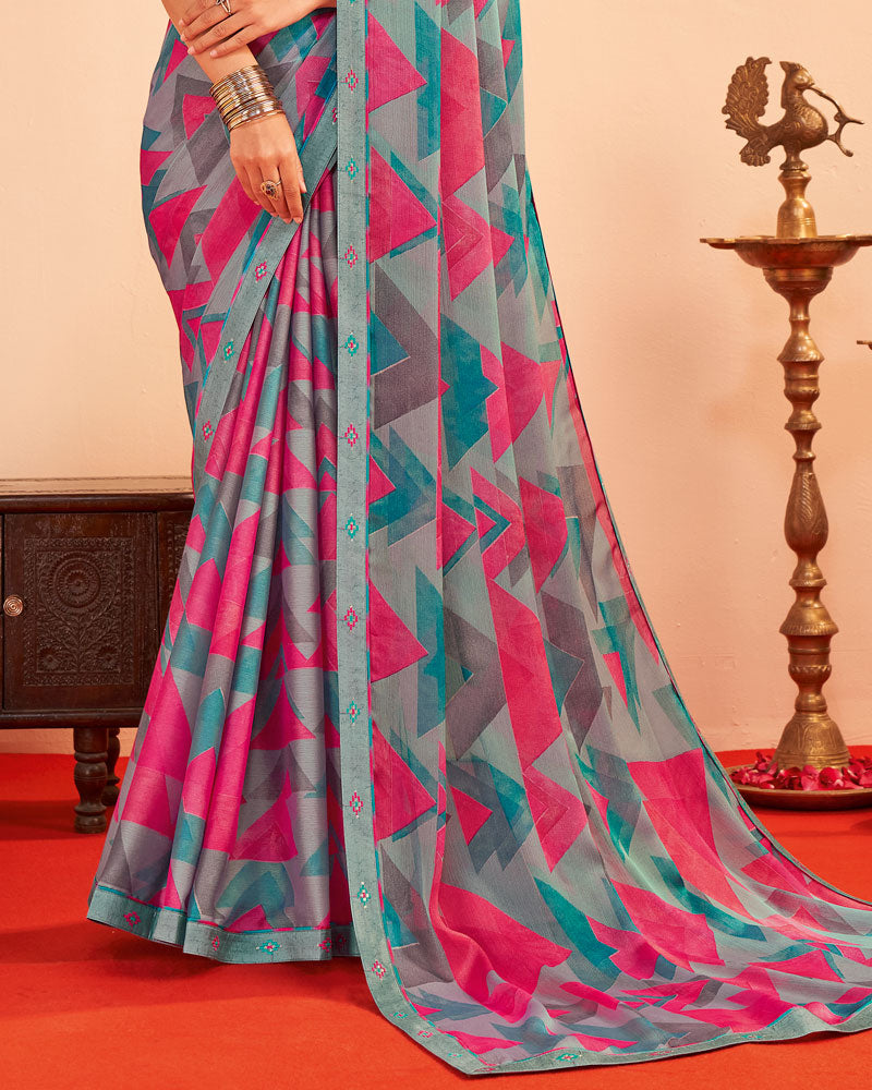Vishal Prints Dusty Grey Printed Chiffon Saree With Fancy Embroidery Border