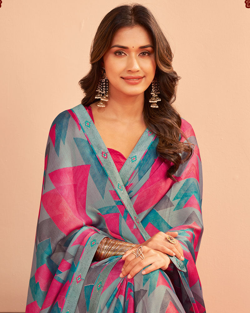Vishal Prints Dusty Grey Printed Chiffon Saree With Fancy Embroidery Border